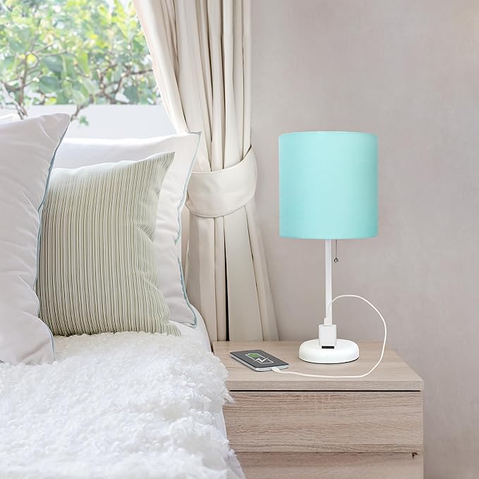 Simple Designs LT1144-AOW Sleek and Slender White Table Lamp with Charging Outlet, for Bedroom, Living Room, Entryway, Office, Dining Room, Study, Aqua Shade - LeafyLoom