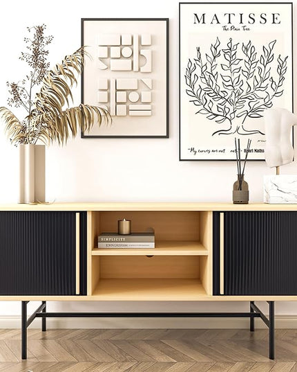 Roomfitters Mid Century Modern TV Stand with Tambour Door for TVs up to 65", Sideboard Buffet Tambour Cabinet with Sliding Door, Entertainment Center for Living Room, Media Console with Storage, Black - LeafyLoom