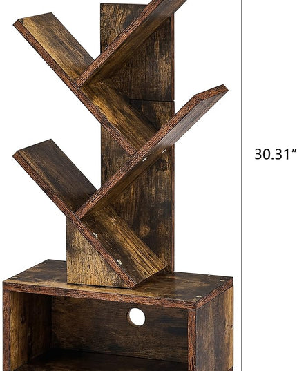 Hoctieon 3 Tier Tree Bookshelf, Small Bookcase with Drawer, Desktop Book Shelf, Display Floor Standing Storage Shelf, Book Organizer Shelves for Home Office, Rustic Brown - LeafyLoom