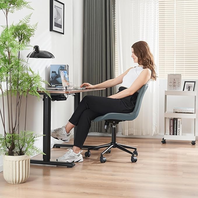 YOUNIKE Office Chair Armless Desk Chair with Wheels, Home Office Computer Task Chair, Modern Faux Leather Upholstered Vanity Chair, Adjustable Swivel Rolling Office Chairs, Greyishgreen - LeafyLoom