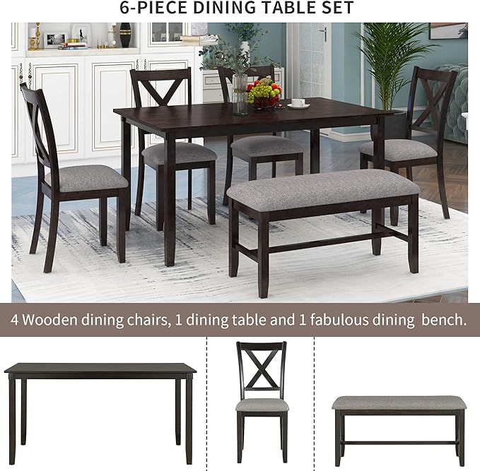 Wooden Rectangular, 4 Fabric Chairs, and Bench Family Furniture, for Playroom, Living Room, Home Bar, and Kitchen, 6 Piece Dining Table Set, Espresso 24 - LeafyLoom