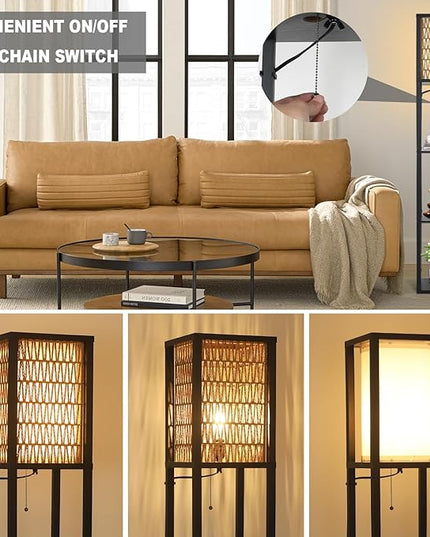 Floor Lamp with Shelves, Corner Floor Lamps for Living Room, Boho Floor Lamp with LED Bulb & Double Shades, Rattan Standing Lamp for Bedroom Office, Shelf Tall Lamp for Storage Display, Home Decor - LeafyLoom