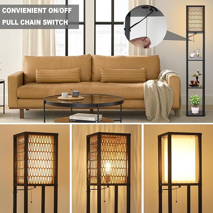 Floor Lamp with Shelves, Corner Floor Lamps for Living Room, Boho Floor Lamp with LED Bulb & Double Shades, Rattan Standing Lamp for Bedroom Office, Shelf Tall Lamp for Storage Display, Home Decor - LeafyLoom
