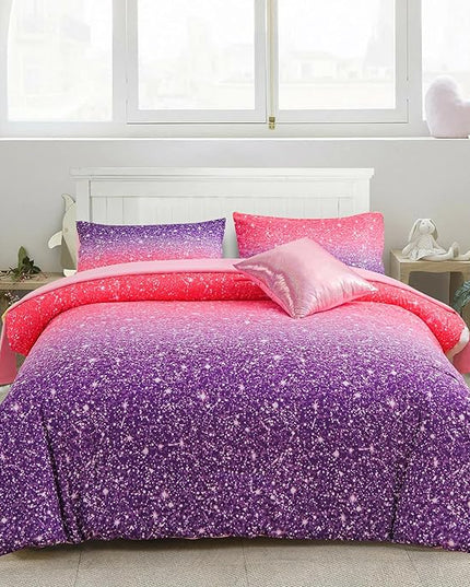 A Nice Night Girls Comforter Set Full 6 Piece Bed in A Bag 3D Colorful Sparkle Galaxy Rainbow Bedding Comforter Sheet Sets for Kids,RedPurple - LeafyLoom
