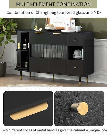 51.1" Rotating Storage Cabinet Sideboard with 2 Doors of Tempered Changhong Glass and 2 Drawers,Wooden Console Table,w/Built-in Shelves & Turntable,for Living Room,Black - LeafyLoom