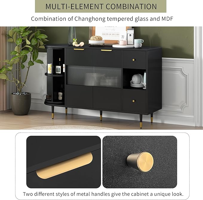 51.1" Rotating Storage Cabinet Sideboard with 2 Doors of Tempered Changhong Glass and 2 Drawers,Wooden Console Table,w/Built-in Shelves & Turntable,for Living Room,Black - LeafyLoom