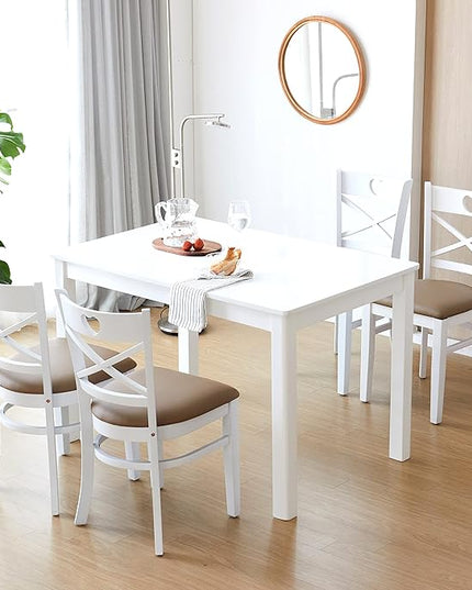 Livinia Heart X-Back Dining Chair Set of 2, Solid Malaysian Oak PU Leather Upholstered Cushion Seat Wooden Cross Back Side Chairs (White) - LeafyLoom