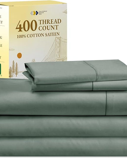 Split King Sheets for Adjustable Bed, Soft 100% Cotton Sheets, 400 Thread Count Sateen,5 Pc Set - 2 Twin-XL Fitted Sheets, Deep Pocket Sheets, Cooling Sheets, Beats Egyptian Cotton Claims (Sage Green) - LeafyLoom