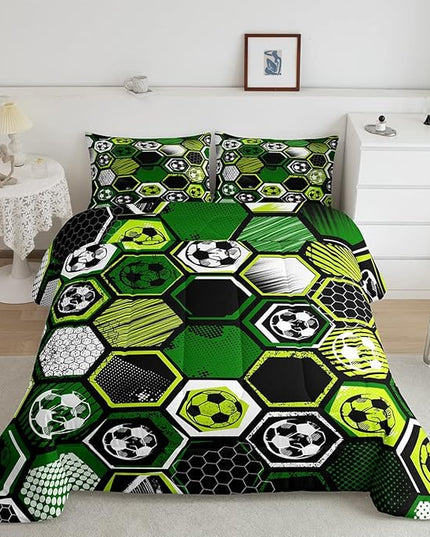 Erosebridal Boys Football Comforter Set Full Soccer Sports Bedding Set Twin for Kids Teen,Geometric Honeycomb Down Comforter Hexagon Beehive Quilt Duvet Duvet Insert Green Black White 2 Pillow Cases - LeafyLoom