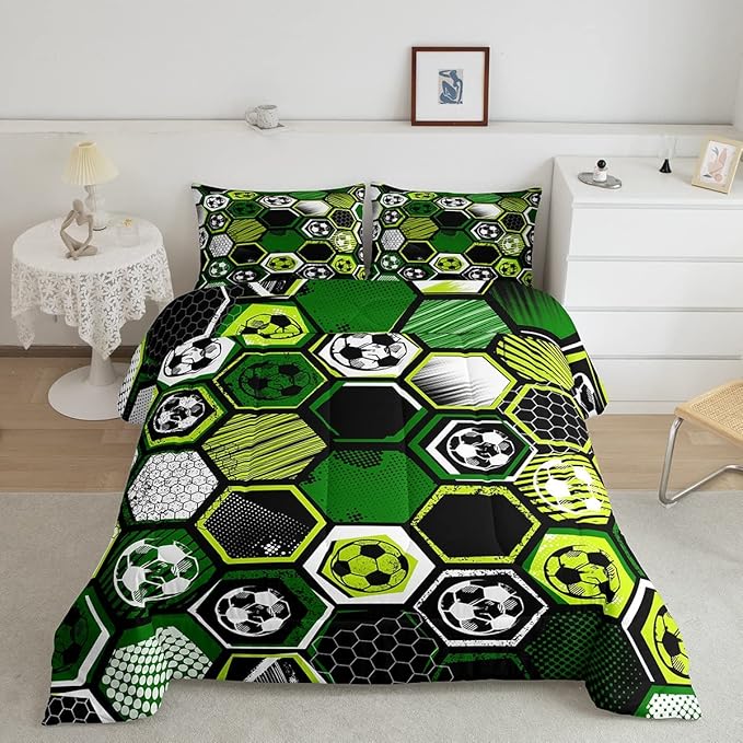 Erosebridal Boys Football Comforter Set Full Soccer Sports Bedding Set Twin for Kids Teen,Geometric Honeycomb Down Comforter Hexagon Beehive Quilt Duvet Duvet Insert Green Black White 2 Pillow Cases - LeafyLoom