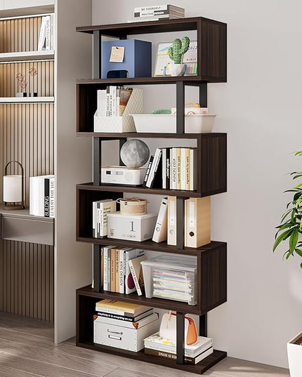 Bookshelf geometric bookcase S Shaped industrial bookshelf Storage Display Stand Shelf for Living Room Bedroom and office Room (Black, 6 Tier) - LeafyLoom