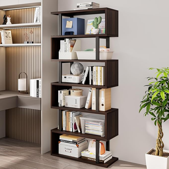 Bookshelf geometric bookcase S Shaped industrial bookshelf Storage Display Stand Shelf for Living Room Bedroom and office Room (Black, 6 Tier) - LeafyLoom
