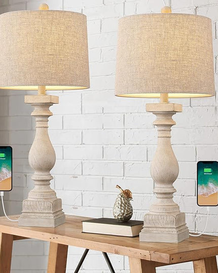 BOBOMOMO 27" Table Lamp with USB C+A Charging Ports Set of 2 Antique Nightstand Lamp for Bedroom Living Room Farmhouse Office Retro Rustic Resin Bedside Desk Lamps Washed White - LeafyLoom
