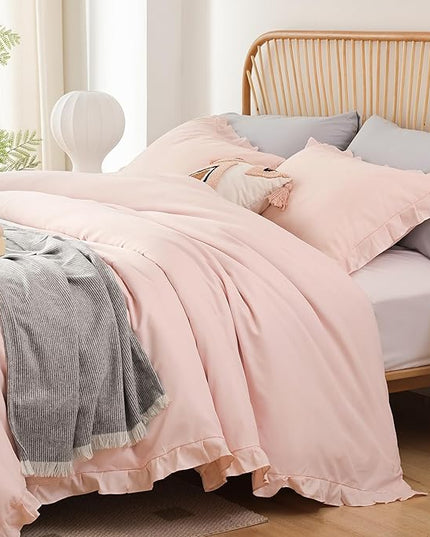 JANZAA Pink Comforter Set Queen Comforter Set 3PCS (1 Ruffled Blush Comforter and 2 Pillowcases) Vintage Shabby Chic Bedding Soft Fluffy Comforter Set All Season - LeafyLoom