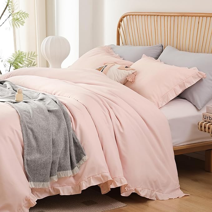 JANZAA Pink Comforter Set Queen Comforter Set 3PCS (1 Ruffled Blush Comforter and 2 Pillowcases) Vintage Shabby Chic Bedding Soft Fluffy Comforter Set All Season - LeafyLoom