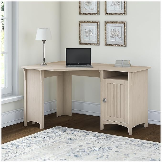 Bush Furniture Salinas 55 Inch W Corner Desk with Storage Cabinet, Antique White (SAD155AW-03) - LeafyLoom
