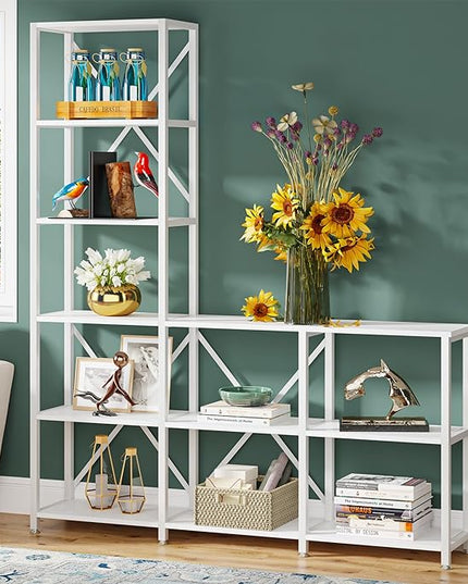 Tribesigns 9 Shelves Bookshelves, Industrial Ladder Corner Etagere Bookcase, Rustic 6-tier Display Open Shelf Storage Organizer for Living Room (White) - LeafyLoom