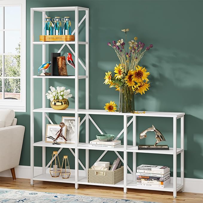 Tribesigns 9 Shelves Bookshelves, Industrial Ladder Corner Etagere Bookcase, Rustic 6-tier Display Open Shelf Storage Organizer for Living Room (White) - LeafyLoom