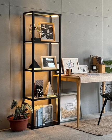 FENLO Fantasy Plus Pro - 66" LED Glass Display Shelf with Dimmable LED Floor Lamp, Curio Cabinet with Adjustable Color Temp, Open Display Cabinet for Collectibles, Long Lasting LED - LeafyLoom