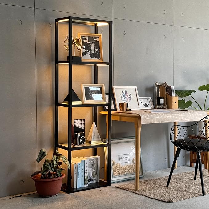 FENLO Fantasy Plus Pro - 66" LED Glass Display Shelf with Dimmable LED Floor Lamp, Curio Cabinet with Adjustable Color Temp, Open Display Cabinet for Collectibles, Long Lasting LED - LeafyLoom