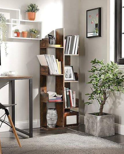 VASAGLE Bookcase, Tree-Shaped Bookshelf with 8 Storage Shelves, Rounded Corners, 19.7 x 9.8 x 55.1 Inches, Rustic Brown ULBC66BXV1 - LeafyLoom