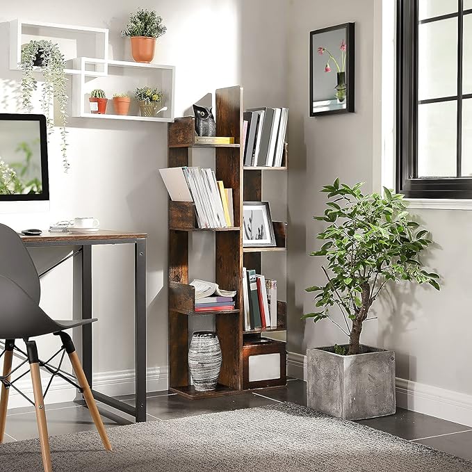 VASAGLE Bookcase, Tree-Shaped Bookshelf with 8 Storage Shelves, Rounded Corners, 19.7 x 9.8 x 55.1 Inches, Rustic Brown ULBC66BXV1 - LeafyLoom