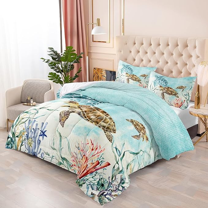 CVHOUSE Sea Turtle Comforter Sets King for Ocean Lovers,Turtle Beach Bedding Sets King Set,Turtle Bedspread,Turtle Duvet,Turtle Bed Set,Turtle Quilt Set 3 Pcs 1 Comforter and 2 Pillowcases - LeafyLoom