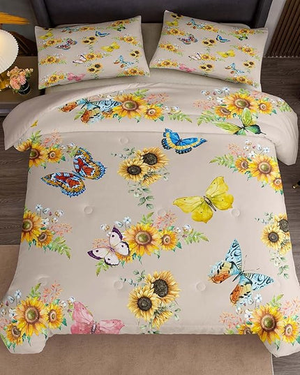 Tailor Shop Sunflower Comforter Sets King Size,Sunflower Bedding Sets for Teens Kids Butterflies Comforter Sets,Butterfly Bedding Sets Vintage Yellow Flowers Bedding Sets with 2 Pillowcases - LeafyLoom