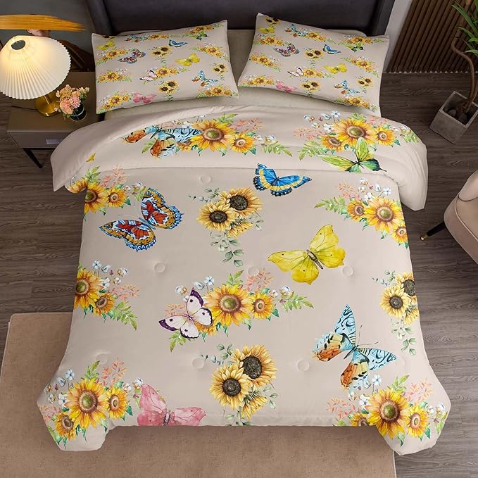 Tailor Shop Sunflower Comforter Sets Full Size,Sunflower Bedding Sets for Teens Kids Butterflies Comforter Sets,Butterfly Bedding Sets Vintage Yellow Flowers Bedding Sets with 2 Pillowcases - LeafyLoom