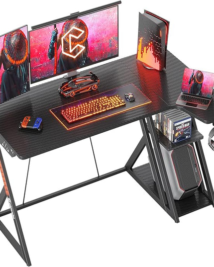 CubiCubi Aurora Gaming Desk with Carbon Fiber Surface, 47 Inch L Shaped Desk with Storage Shelves, Small Corner Computer Desk with Monitor Shelf, Gamer Desk PC Table, Black - LeafyLoom