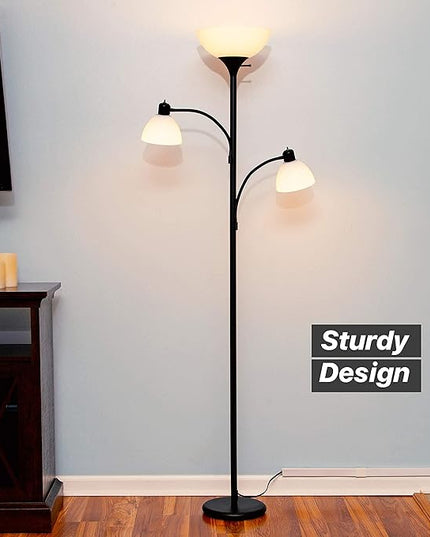 Brightech Sky Dome Double LED Floor lamp, Torchiere Super Bright Floor Lamp with 2 Reading Lamps for Living Rooms & Offices - Dimmable Tall Standing Lamp for Bedroom Reading - Tall Black Pole - LeafyLoom