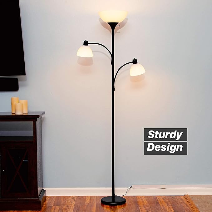 Brightech Sky Dome Double LED Floor lamp, Torchiere Super Bright Floor Lamp with 2 Reading Lamps for Living Rooms & Offices - Dimmable Tall Standing Lamp for Bedroom Reading - Tall Black Pole - LeafyLoom