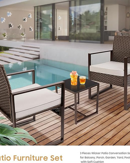 YIYAN Patio Furniture Set 3 Pieces Outdoor Rattan Chair Wicker Sofa Garden Conversation Bistro Sets with Coffee Table,Comfortable Washable Cushions (White) - LeafyLoom