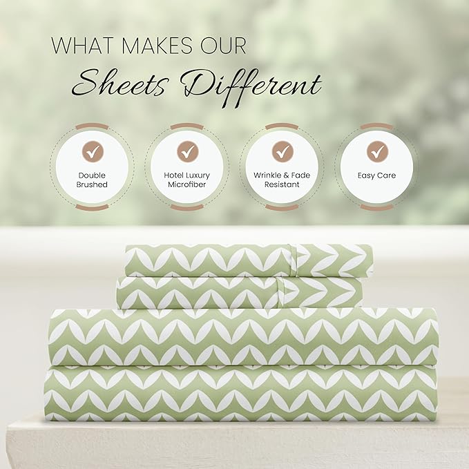 4 Piece California King Bedding Sheet Set (Sage Chevron) - Sleep Better Than Ever with These Ultra-Soft & Cooling Bed Sheets for Your Cal King Size Bed - Deep Pocket Fits 16" Mattress - LeafyLoom