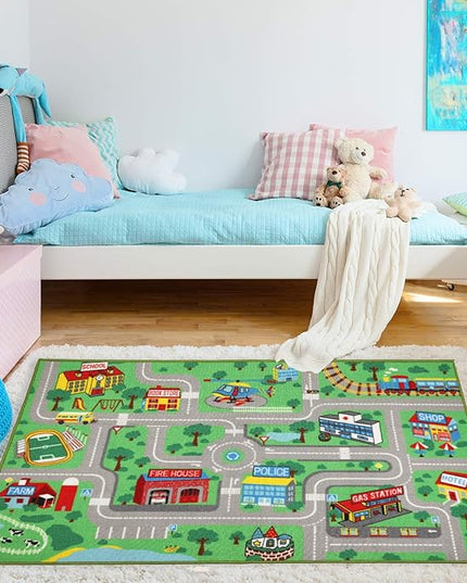 Kids Play Rug for Playroom 5.2x3.3 ft Town City Road Map Car Mat Play Mat Educational Learning Carpet Area Rug for Boy Girl Toddler Bedroom Playroom - LeafyLoom