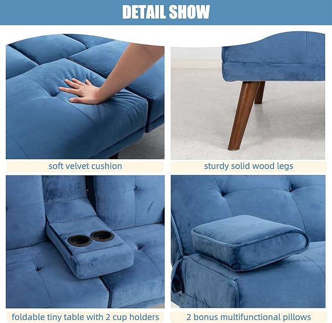 Shintenchi Futon Sofa Bed, Convertible Couch Bed Loveseat, Modern Futon Recliner Sleeper, Small Lazy Futon Set for Living Room, Office, Apartment, Blue - LeafyLoom
