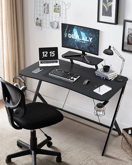 45IN Gaming Desk Gamer Table Carbon Fiber Surface Computer Table Gamer Desk with Monitor Shelf Office Home Study Desk Work PC Table Steel Legs Corner Desk Black - LeafyLoom