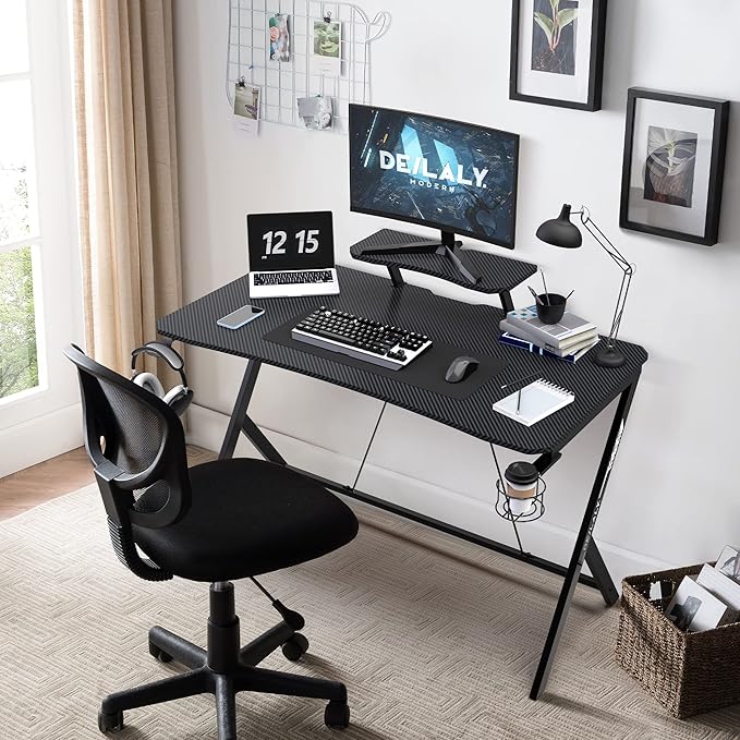 45IN Gaming Desk Gamer Table Carbon Fiber Surface Computer Table Gamer Desk with Monitor Shelf Office Home Study Desk Work PC Table Steel Legs Corner Desk Black - LeafyLoom