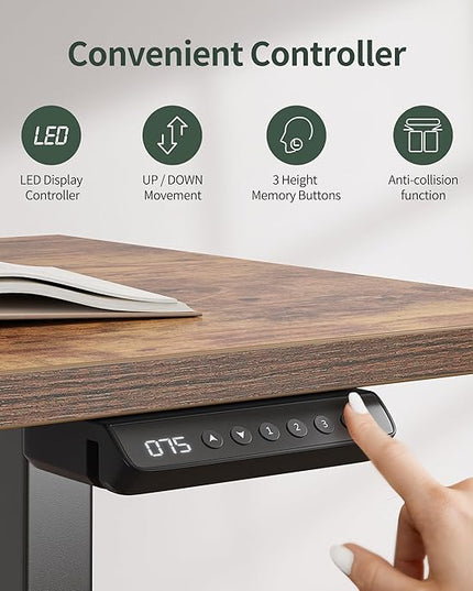 FEZIBO 63" L Shaped Standing Desk with 4 Drawers, Electric Standing Gaming Desk Adjustable Height, Corner Stand up Desk with Splice Board, Black Frame/Rustic Brown Top - LeafyLoom