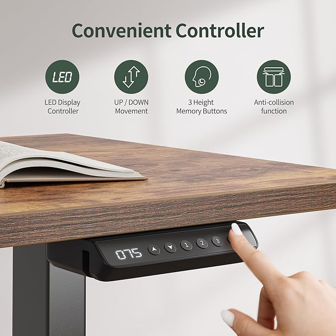 FEZIBO 63" L Shaped Standing Desk with 4 Drawers, Electric Standing Gaming Desk Adjustable Height, Corner Stand up Desk with Splice Board, Black Frame/Rustic Brown Top - LeafyLoom