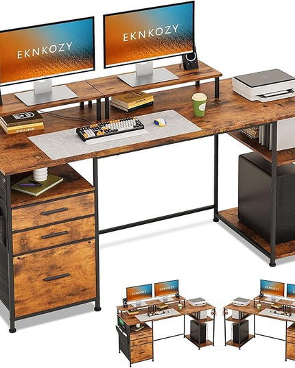 Computer Desk with 3 File Cabinet Drawers, 57.8'' Reversible Gaming Desk, Office Desk with Storage Shelves and Dual Monitor Stand for Home & Office (Rustic Brown) - LeafyLoom