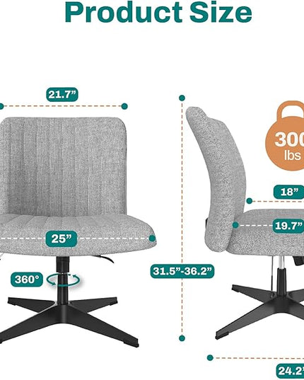 Criss Cross Chair - Wide Armless Desk Chair No Wheels, Cross Legged Office Chair, Adjustable Modern 360 Swivel Vanity, Fabric Padded,120° Rocking Ergonomic Mid Back Computer Task Chair - Grey - LeafyLoom