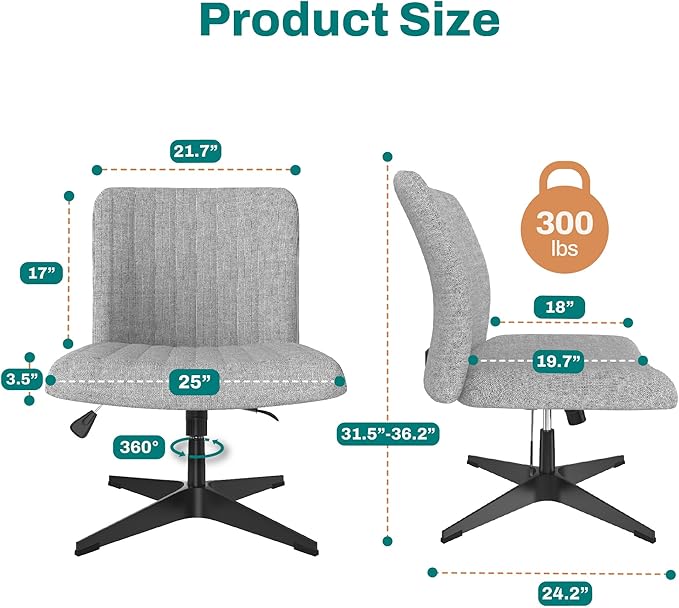 Criss Cross Chair - Wide Armless Desk Chair No Wheels, Cross Legged Office Chair, Adjustable Modern 360 Swivel Vanity, Fabric Padded,120° Rocking Ergonomic Mid Back Computer Task Chair - Grey - LeafyLoom