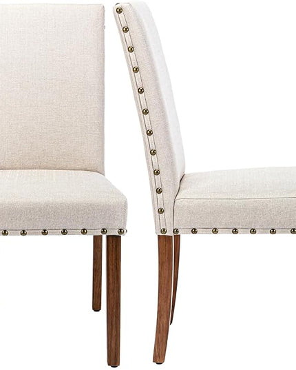 Upholstered Parsons Dining Chair with Nailhead Trim and Sturdy Solid Wood Legs, Set of 2, Cream - LeafyLoom