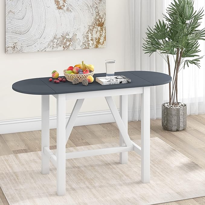 Dining Room Table Set for 2, 3-Piece Wood Counter Height Dining Table Set with Drop Leaf and 2 Upholstered Dining Chairs for Small Place, White+Grey - LeafyLoom