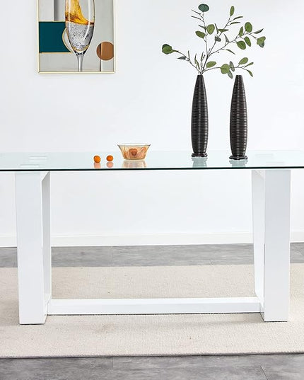 NicBex Glass Dining Table Large Modern Minimalist Rectangular for 6-8 with 0.4" Tempered Glass Tabletop and White MDF Trapezoid Bracket for Kitchen Dining Living Meeting Room Banquet Hall, White - LeafyLoom