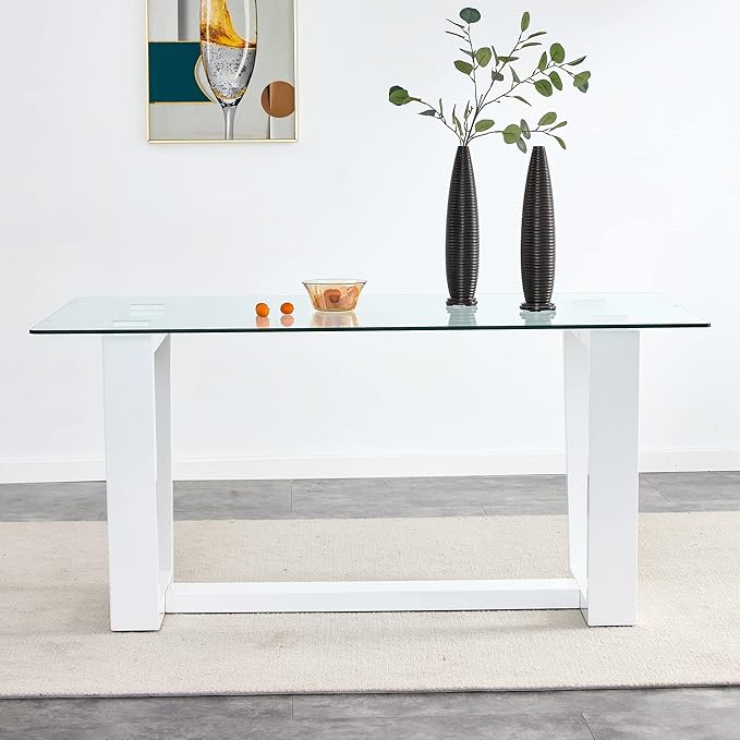NicBex Glass Dining Table Large Modern Minimalist Rectangular for 6-8 with 0.4" Tempered Glass Tabletop and White MDF Trapezoid Bracket for Kitchen Dining Living Meeting Room Banquet Hall, White - LeafyLoom