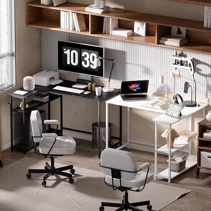 Pamray 43 Inch L Shaped Computer Desk with Reversible Side Storage Shelves, Small Corner Desk for Small Space Home Office,Writing Study Table PC Desk for Bedroom,White - LeafyLoom