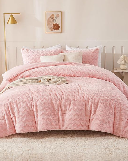 Andency Pink Fleece Comforter Set Queen Size, 3 Pieces Plush Shaggy Faux Fur Bed Comforter Set for Queen Bed, Fuzzy Fluffy Warm Bedding Set for Women Girls - LeafyLoom