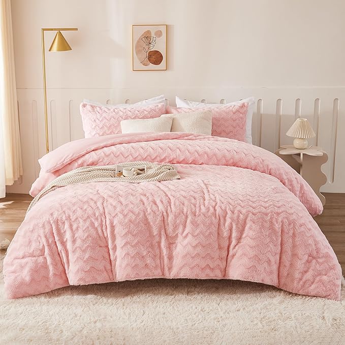 Andency Pink Fleece Comforter Set Full, 3 Pieces Fuzzy Shaggy Plush Sherpa Bedding Comforter Set Women Girls, Solid Fluffy Faux Fur Bed Comforter Set for Winter - LeafyLoom